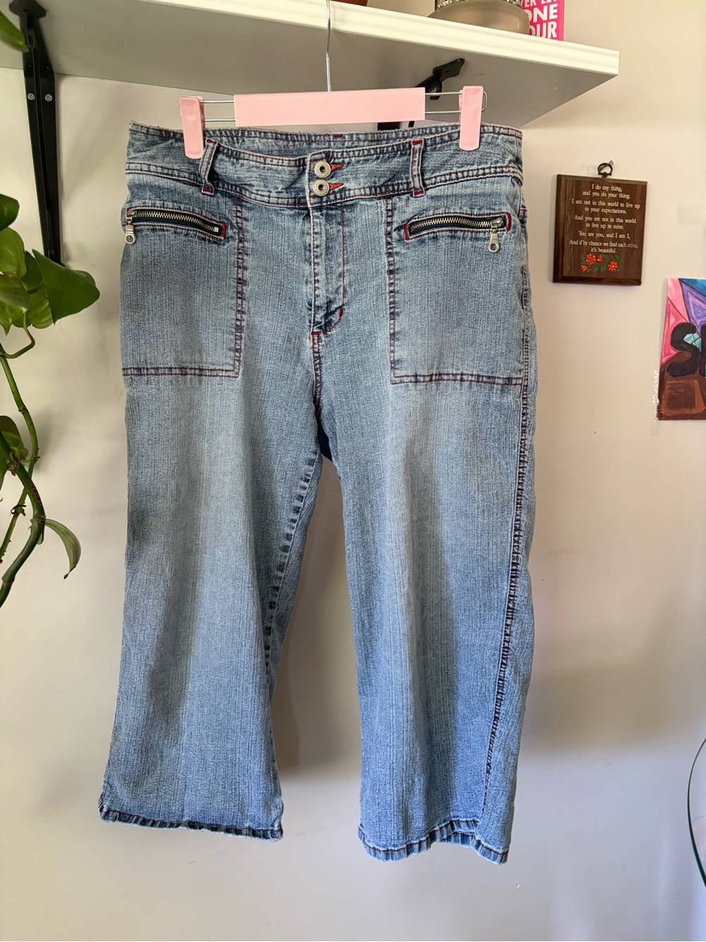 Light Blue Women's Denim Capris with Front Zip Pockets